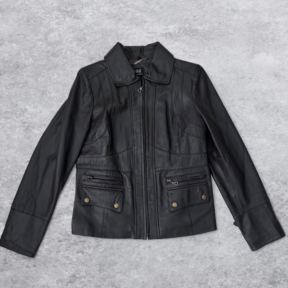 a.n.a A New Approach Black Genuine Lambskin Leather Jacket Womens Medium Zipper